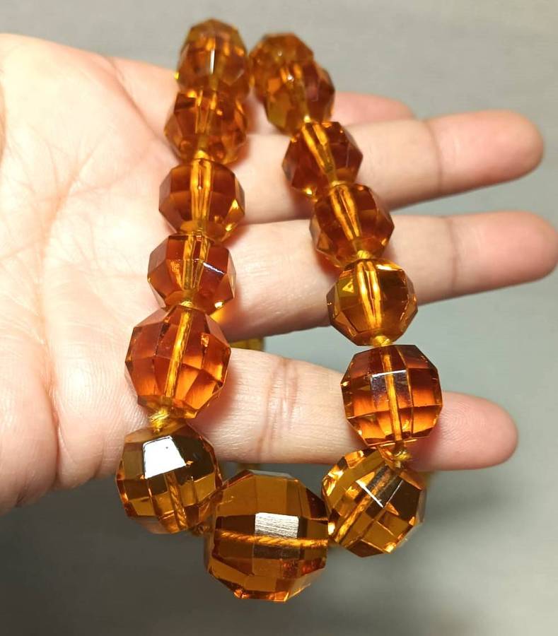 Vintage Art Deco Faceted Graduated Citrine Amber Color Chrystal Bead Necklace in Velvet lined box