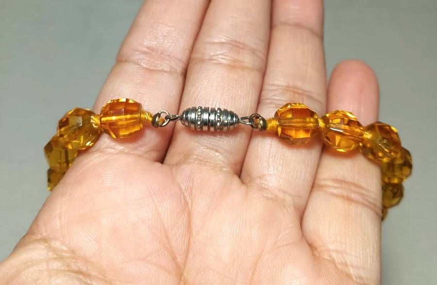 Vintage Art Deco Faceted Graduated Citrine Amber Color Chrystal Bead Necklace in Velvet lined box