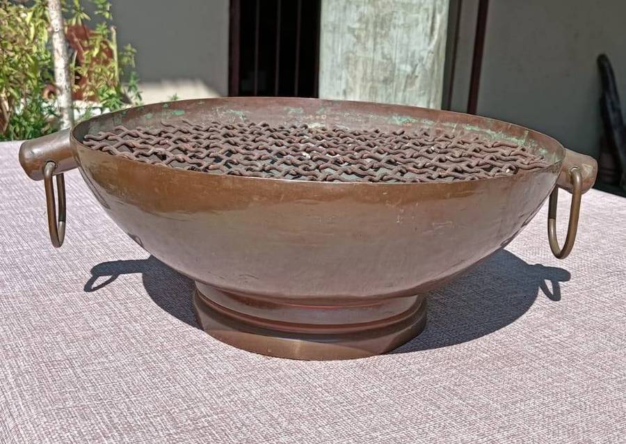 Vintage 1950s De Klerk (Last SA Coppersmith!) Copper Bowl with Flower Grill and Dropside Handles