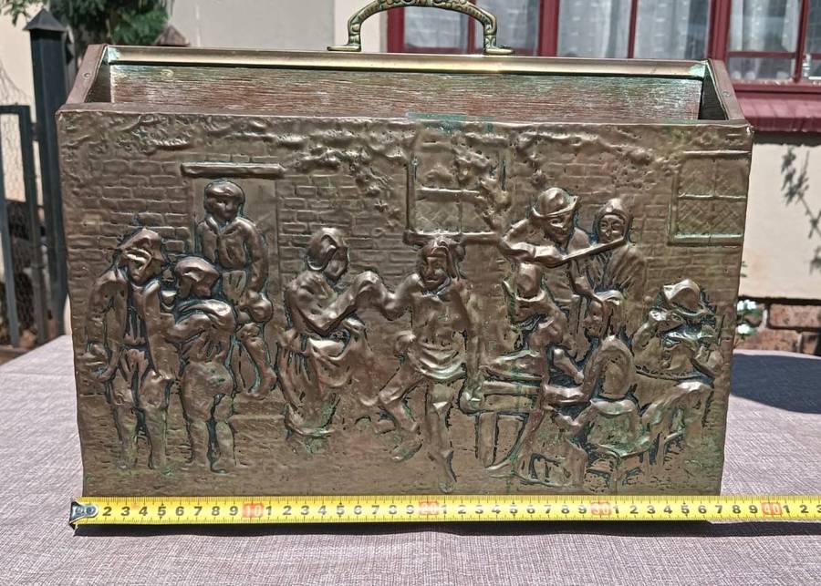 Mid 20th Century Tavern Scene Embossed Brass and Wood Magazine Rack Made in England