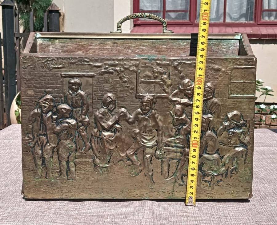 Mid 20th Century Tavern Scene Embossed Brass and Wood Magazine Rack Made in England