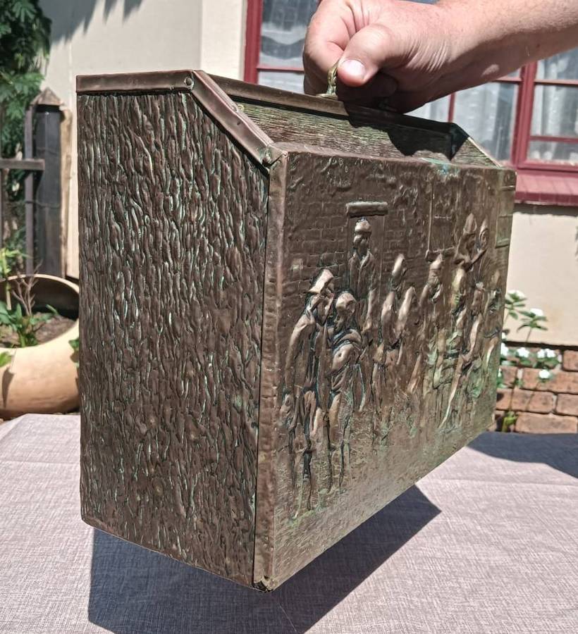 Mid 20th Century Tavern Scene Embossed Brass and Wood Magazine Rack Made in England