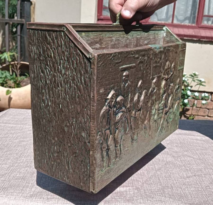 Mid 20th Century Tavern Scene Embossed Brass and Wood Magazine Rack Made in England