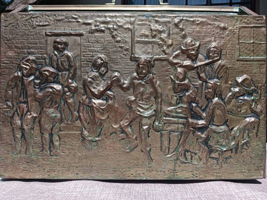Mid 20th Century Tavern Scene Embossed Brass and Wood Magazine Rack Made in England