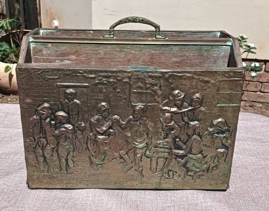 Mid 20th Century Tavern Scene Embossed Brass and Wood Magazine Rack Made in England