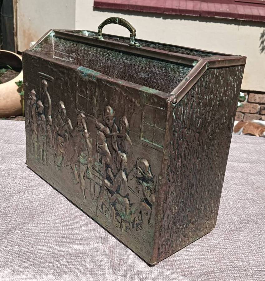 Mid 20th Century Tavern Scene Embossed Brass and Wood Magazine Rack Made in England