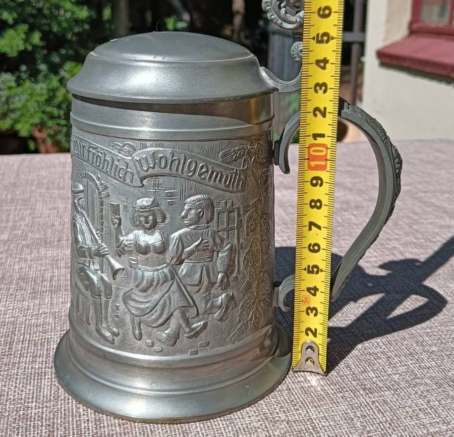 BMF (BAYERISCHE METALL FABRIK) GERMAN HAPPINESS PEWTER BEER TANKARD WITH ZINN ANGEL MARK 1960S