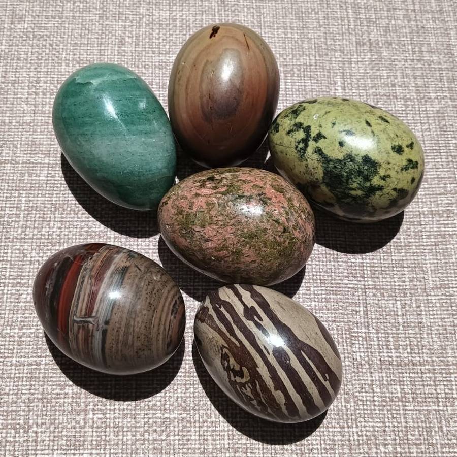 Clutch of 6 Rock Eggs: Leopard Spot Egg, Holy Indian Narmada Stone, Pink and Green Unikite, and more