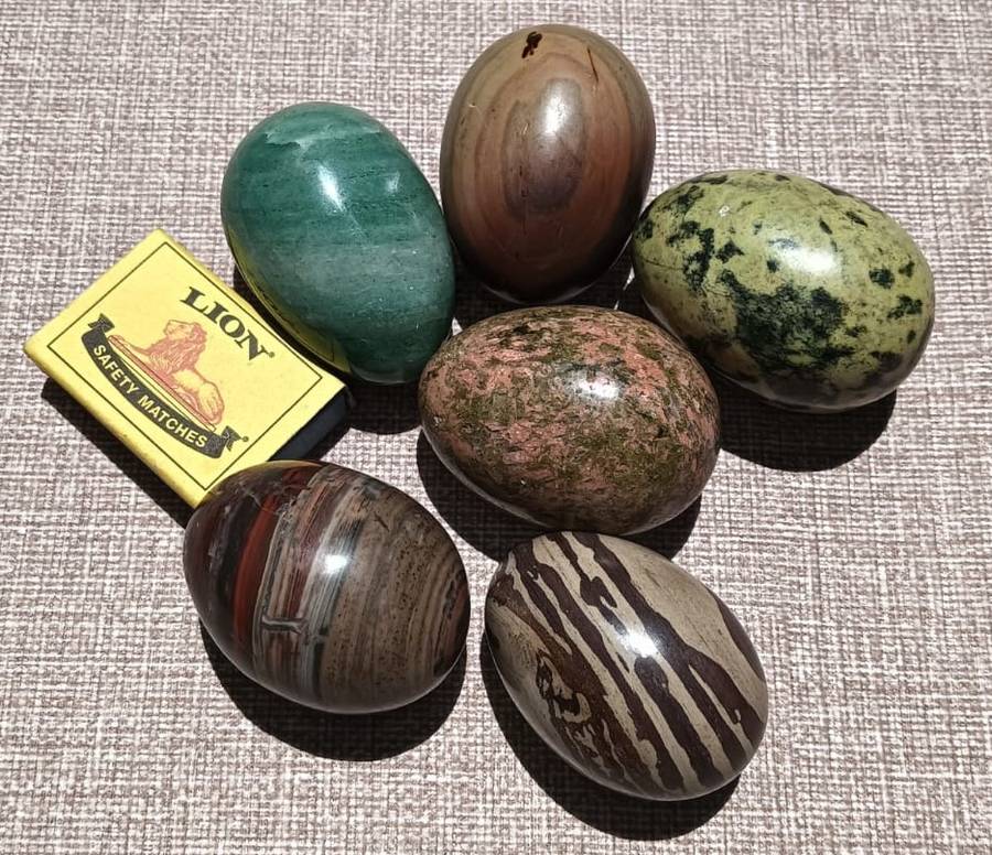 Clutch of 6 Rock Eggs: Leopard Spot Egg, Holy Indian Narmada Stone, Pink and Green Unikite, and more