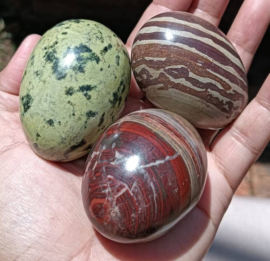 Clutch of 6 Rock Eggs: Leopard Spot Egg, Holy Indian Narmada Stone, Pink and Green Unikite, and more