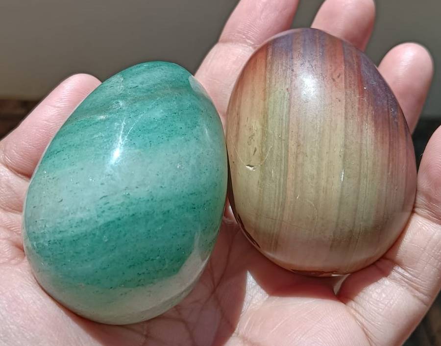 Clutch of 6 Rock Eggs: Leopard Spot Egg, Holy Indian Narmada Stone, Pink and Green Unikite, and more