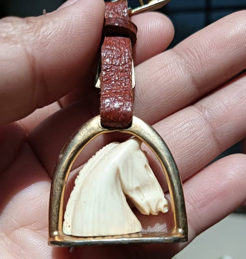 Italian Made "Bone" Carved Horse Head and Brass Stirrup Brooch