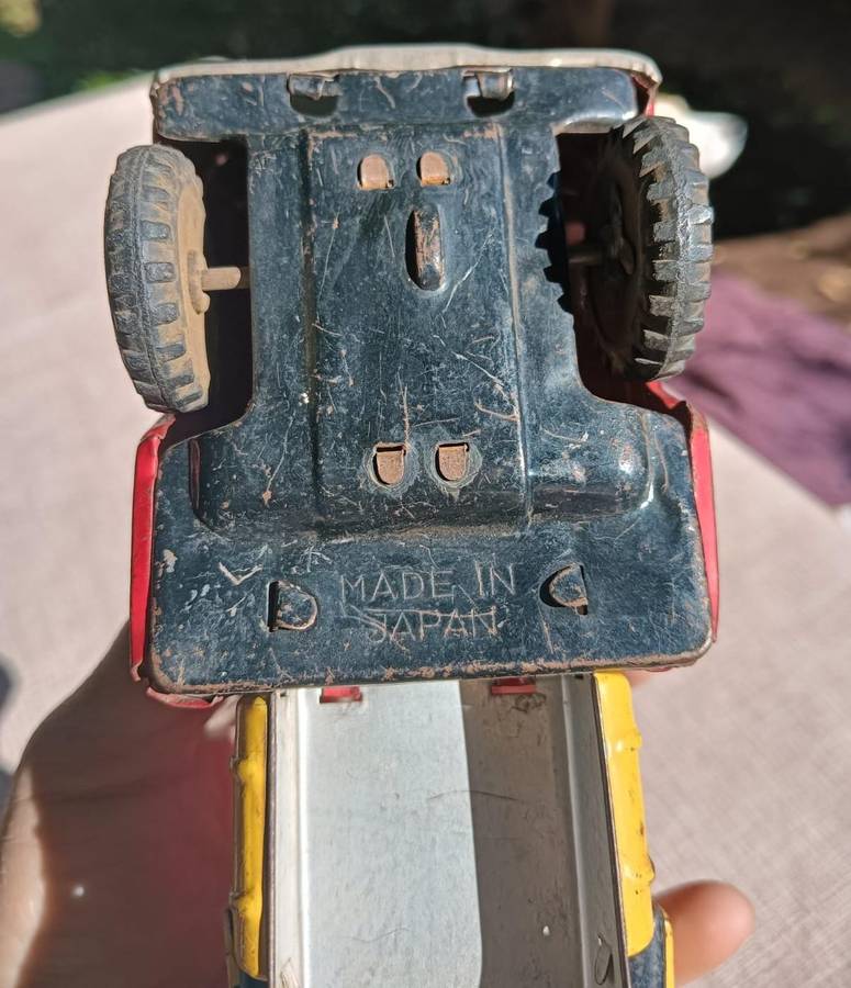 Vintage 1950s Japanese Red and Yellow Tin Windup Powered Shovel Construction Truck  Missing Shovel