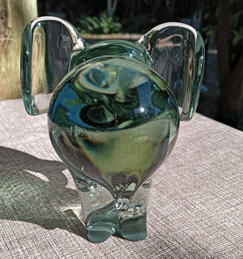 Massive Ngwenya Glass Elephant with Trunk Curled in Feeding Motion Large 13cm High Weighs Nearly 1kg