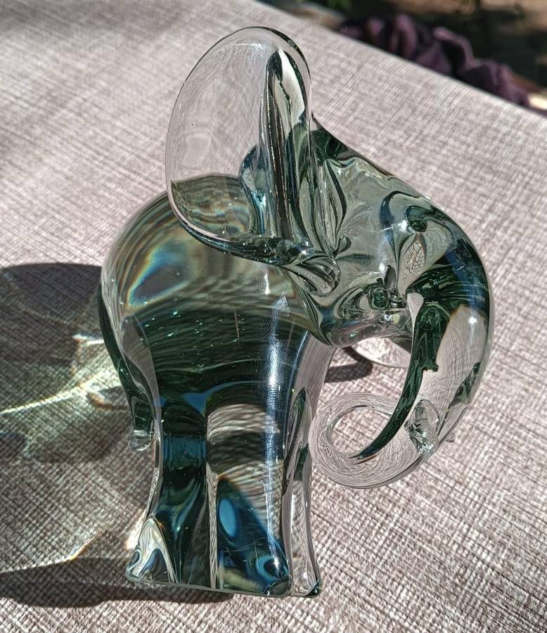 Massive Ngwenya Glass Elephant with Trunk Curled in Feeding Motion Large 13cm High Weighs Nearly 1kg