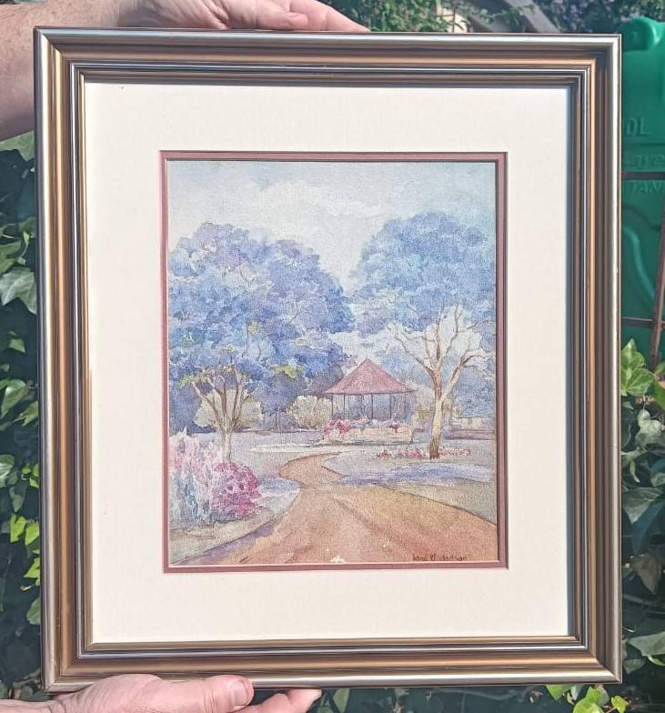 Iona M Hodson (Scottish/SA 1897-198?) Watercolour Jacaranda Trees with Pergola Framed 44cm H 39cm W