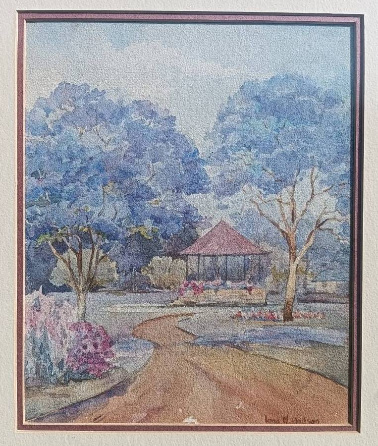 Iona M Hodson (Scottish/SA 1897-198?) Watercolour Jacaranda Trees with Pergola Framed 44cm H 39cm W