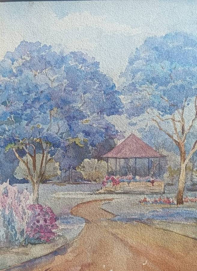Iona M Hodson (Scottish/SA 1897-198?) Watercolour Jacaranda Trees with Pergola Framed 44cm H 39cm W
