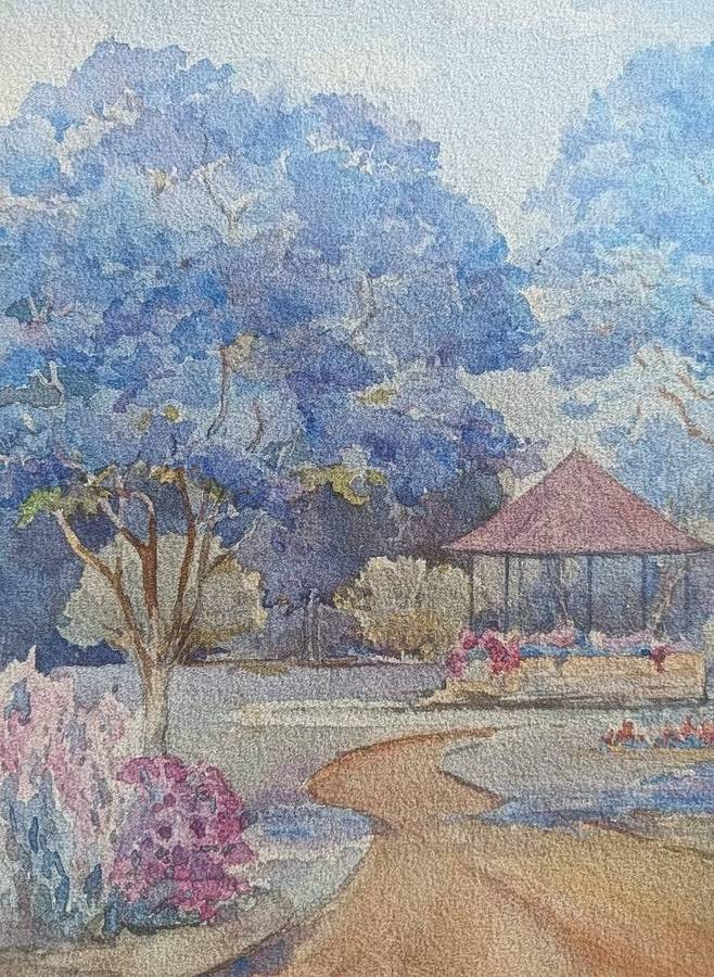 Iona M Hodson (Scottish/SA 1897-198?) Watercolour Jacaranda Trees with Pergola Framed 44cm H 39cm W