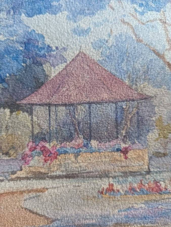 Iona M Hodson (Scottish/SA 1897-198?) Watercolour Jacaranda Trees with Pergola Framed 44cm H 39cm W