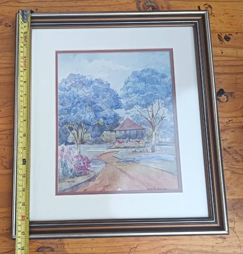 Iona M Hodson (Scottish/SA 1897-198?) Watercolour Jacaranda Trees with Pergola Framed 44cm H 39cm W