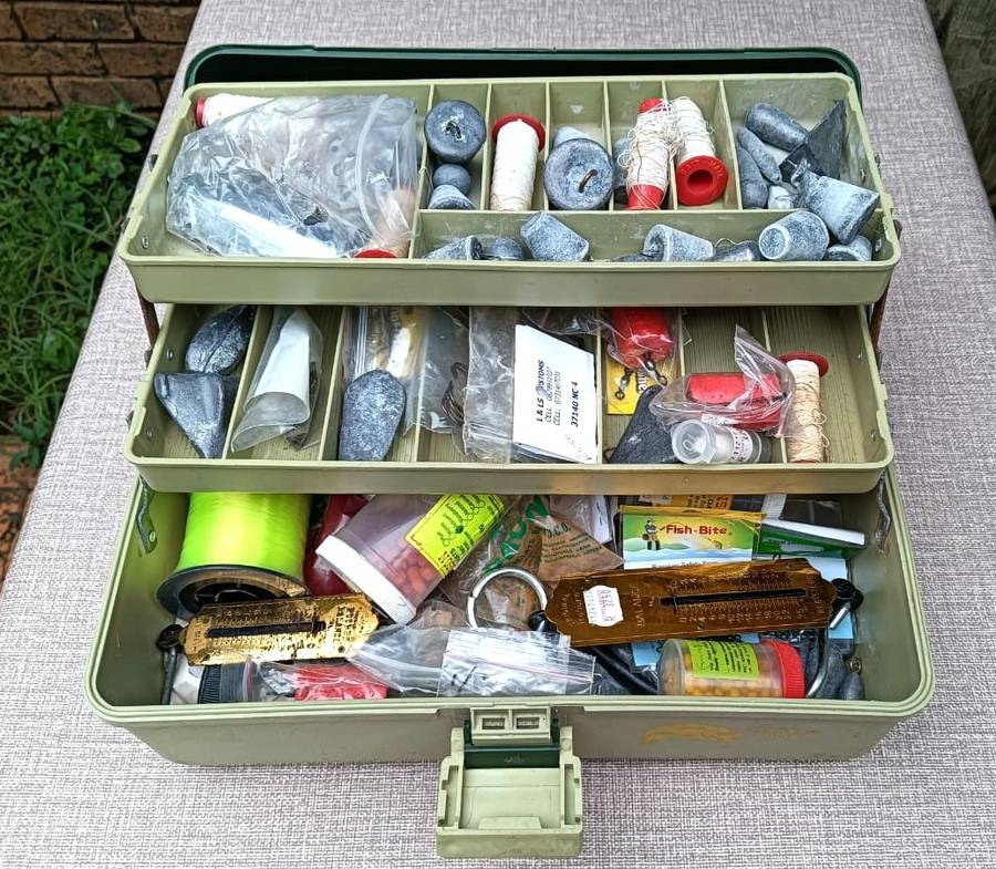 Master Fishing Tackle Box Filled With Salt and Fresh Water Fishing Sinkers, Hooks, Scales, Lures etc