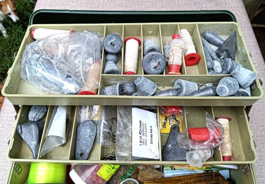 Master Fishing Tackle Box Filled With Salt and Fresh Water Fishing Sinkers, Hooks, Scales, Lures etc