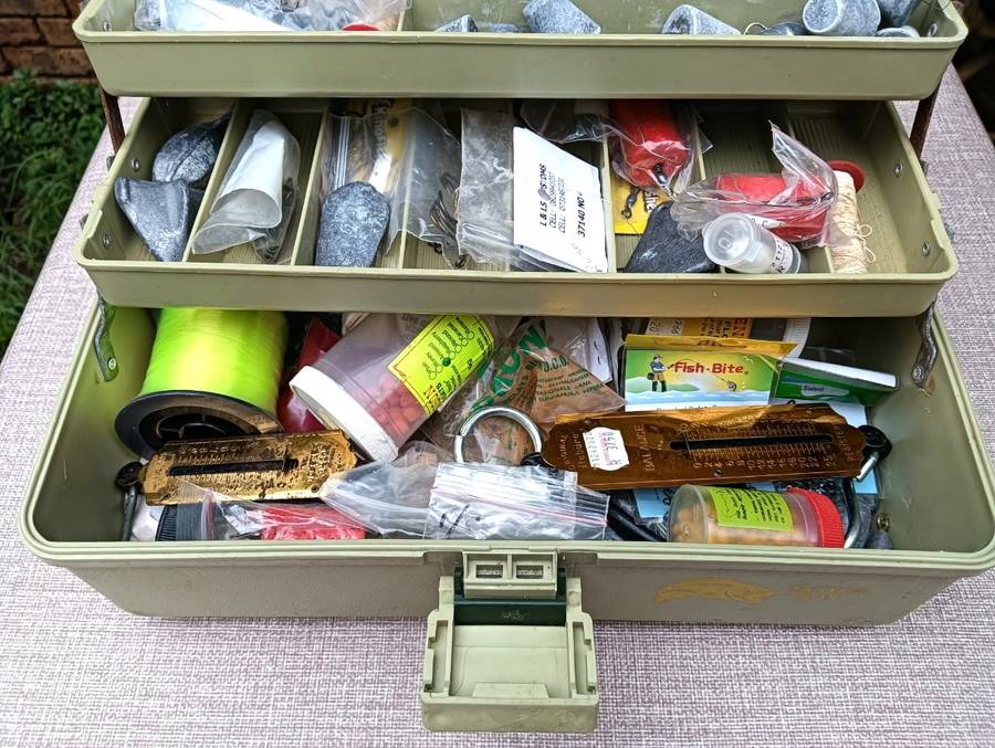 Master Fishing Tackle Box Filled With Salt and Fresh Water Fishing Sinkers, Hooks, Scales, Lures etc