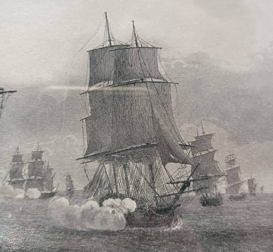 Antique 1780s French British Naval Battle Line Engraved Print after painting by Jean Michel Gilbert