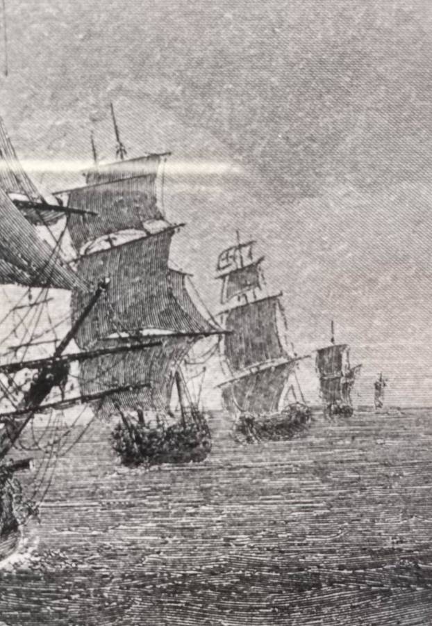 Antique 1780s French British Naval Battle Line Engraved Print after painting by Jean Michel Gilbert