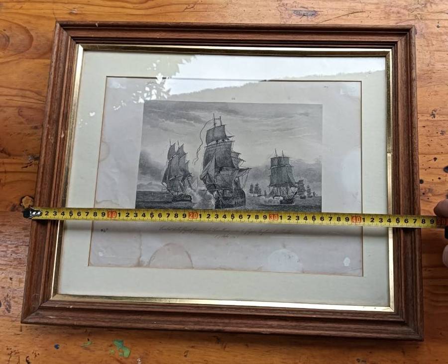 Antique 1780s French British Naval Battle Line Engraved Print after painting by Jean Michel Gilbert