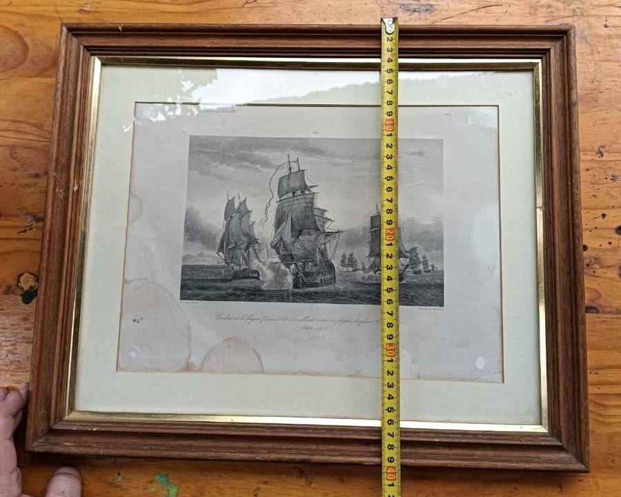 Antique 1780s French British Naval Battle Line Engraved Print after painting by Jean Michel Gilbert
