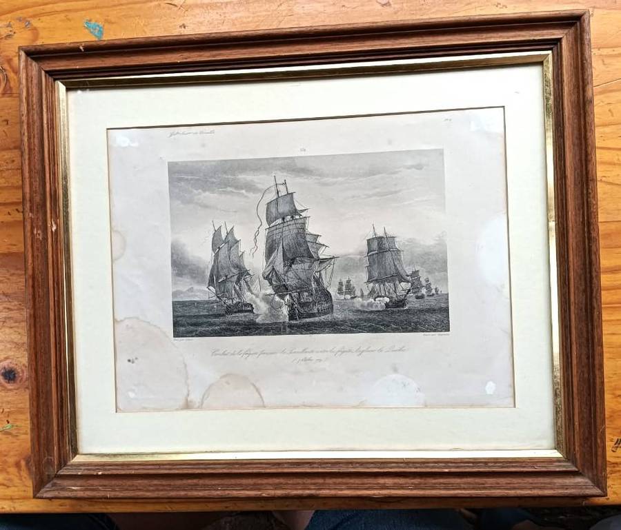 Antique 1780s French British Naval Battle Line Engraved Print after painting by Jean Michel Gilbert