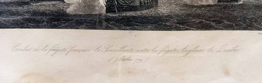 Antique 1780s French British Naval Battle Line Engraved Print after painting by Jean Michel Gilbert
