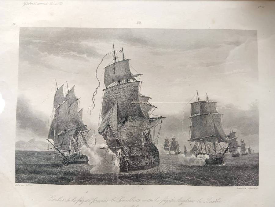 Antique 1780s French British Naval Battle Line Engraved Print after painting by Jean Michel Gilbert