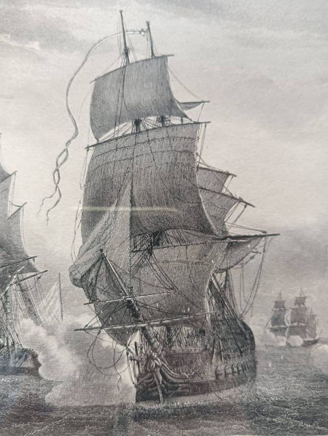Antique 1780s French British Naval Battle Line Engraved Print after painting by Jean Michel Gilbert