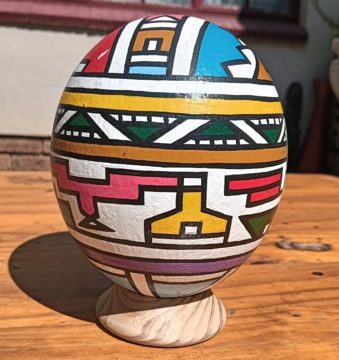 Ester Mahlangu Ndebele Styled Ostrich Egg Signed F.N by Artist Stand Included No 1 of 4 Eggs on Auct