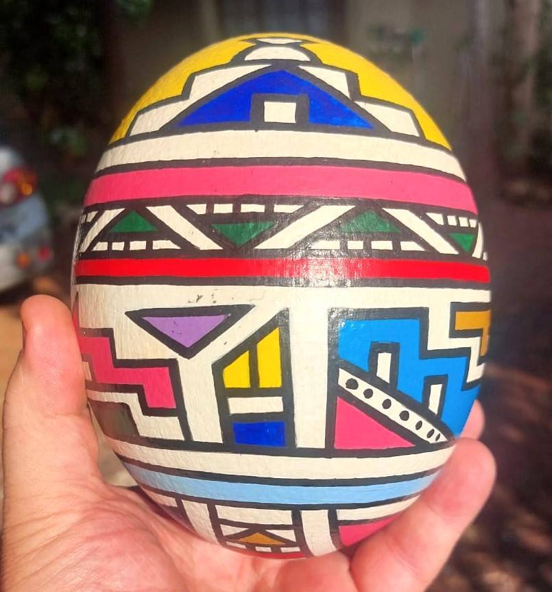 Another Ester Mahlangu Ndebele Styled Ostrich Egg Signed F.N by Artist No Stand No 2 of 4 Eggs on Au