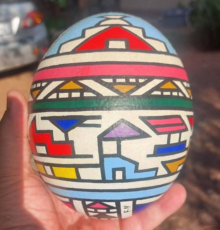 Another Ester Mahlangu Ndebele Styled Ostrich Egg Signed F.N by Artist No Stand No 2 of 4 Eggs on Au