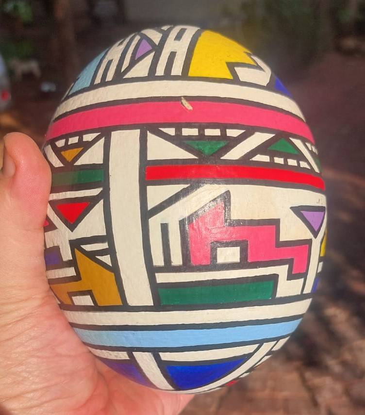 Another Ester Mahlangu Ndebele Styled Ostrich Egg Signed F.N by Artist No Stand No 2 of 4 Eggs on Au