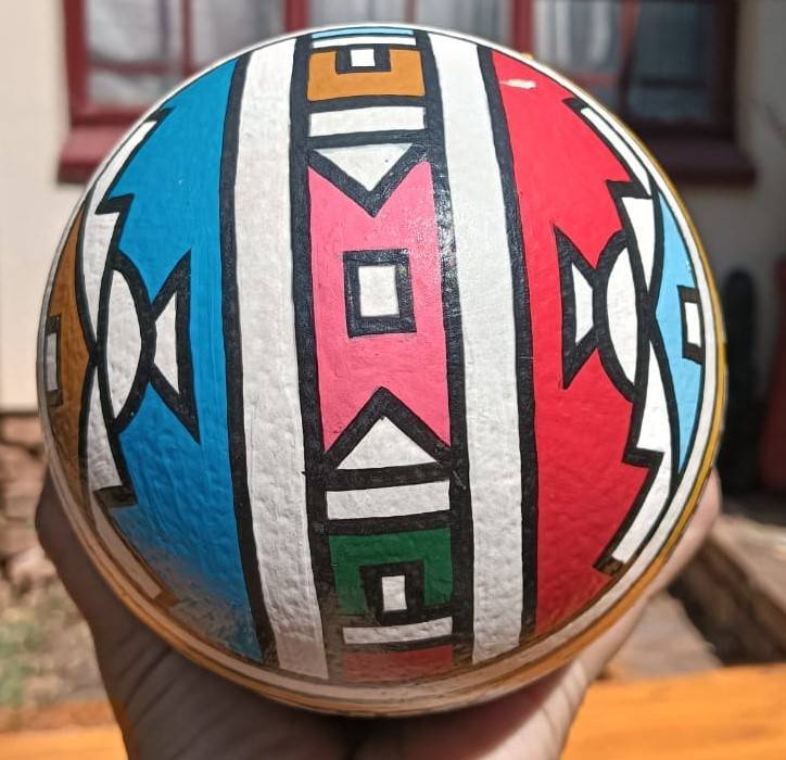 Ester Mahlangu Ndebele Styled Ostrich Egg Signed F.N by Artist Stand Included No 1 of 4 Eggs on Auct