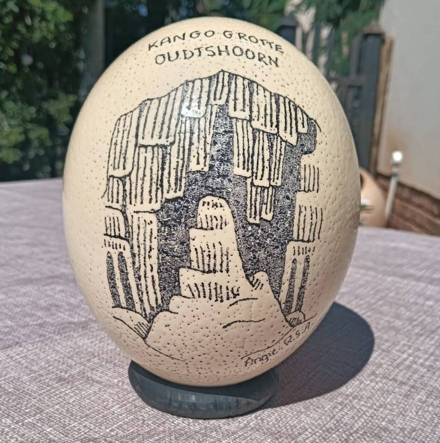Cleopatras Needle Kango Grotte Grahamstown Ostrich Egg Signed Angie RSA With Attached Stand No 3 of