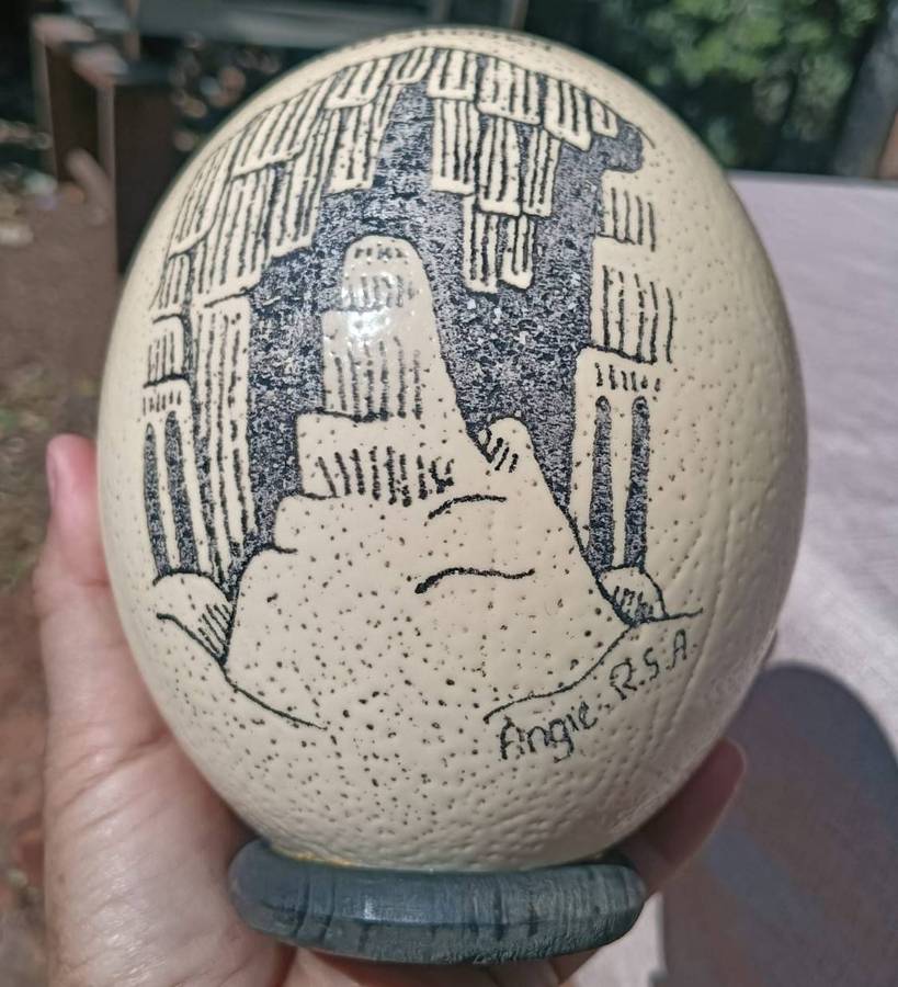 Cleopatras Needle Kango Grotte Grahamstown Ostrich Egg Signed Angie RSA With Attached Stand No 3 of