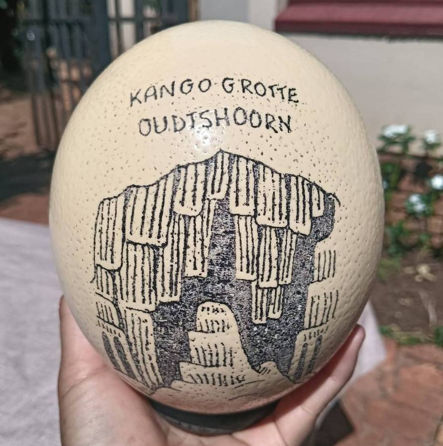 Cleopatras Needle Kango Grotte Grahamstown Ostrich Egg Signed Angie RSA With Attached Stand No 3 of