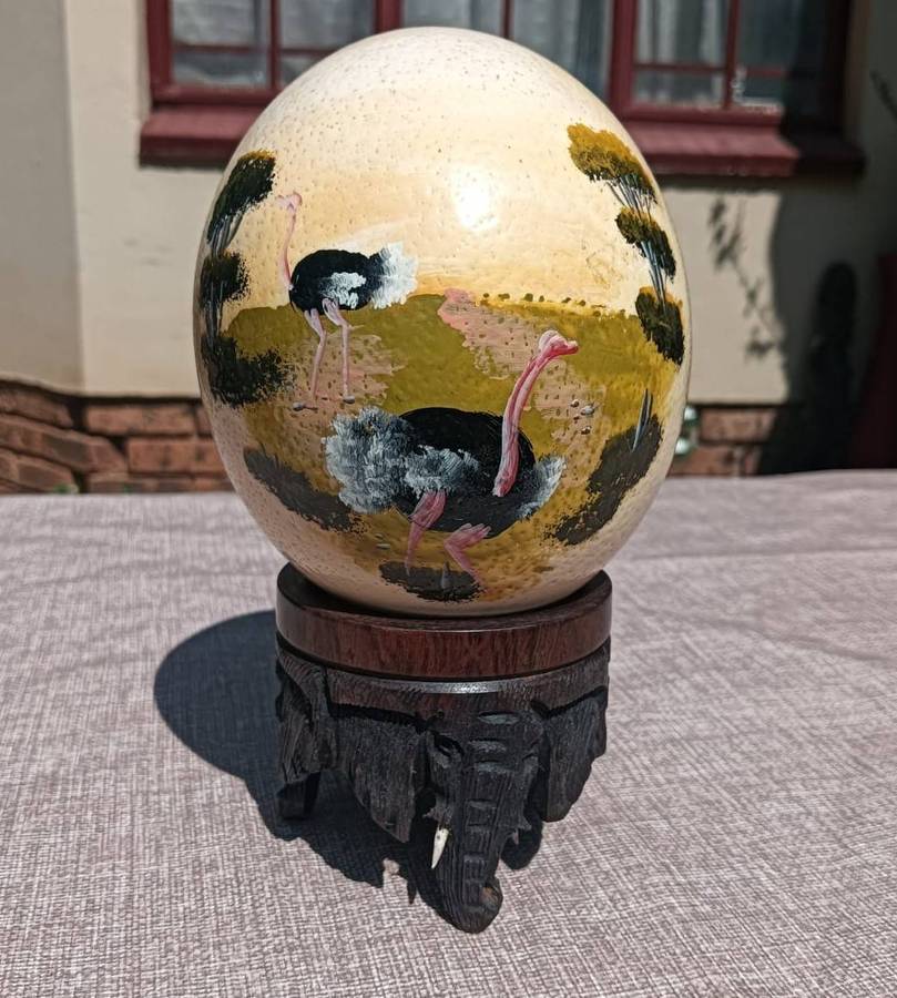 Hand Painted Ostrich Egg with Carved Wooden Elephant Stand No 4 of 4 Eggs on Auc