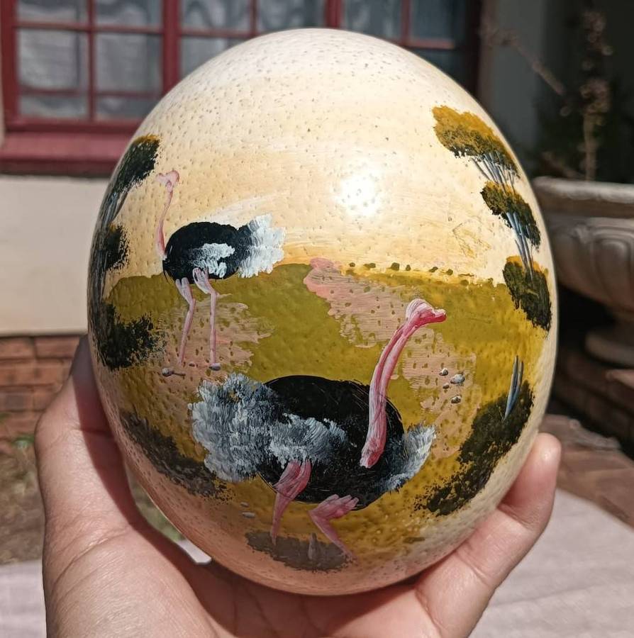 Hand Painted Ostrich Egg with Carved Wooden Elephant Stand No 4 of 4 Eggs on Auc