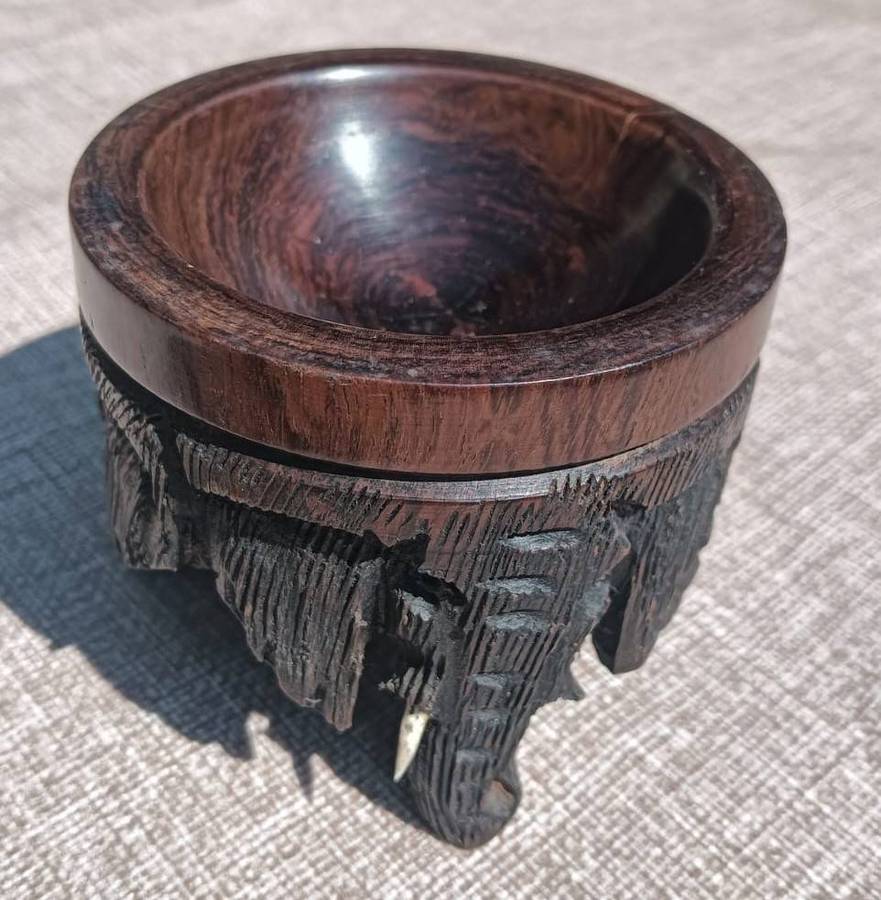 Hand Painted Ostrich Egg with Carved Wooden Elephant Stand No 4 of 4 Eggs on Auc