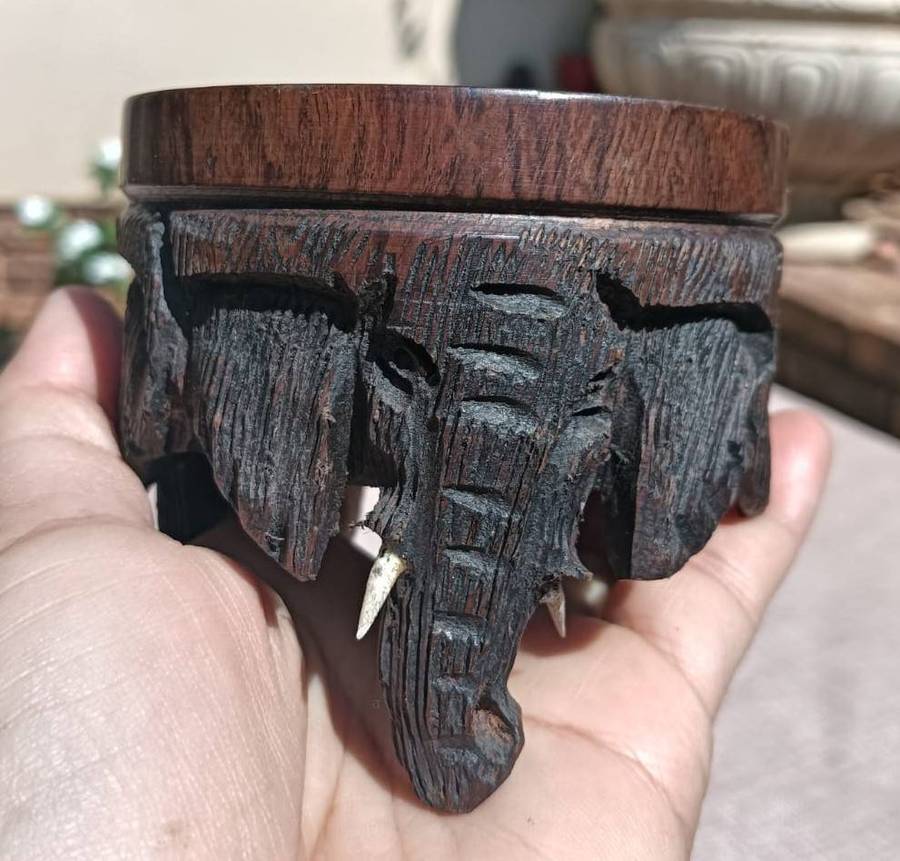 Hand Painted Ostrich Egg with Carved Wooden Elephant Stand No 4 of 4 Eggs on Auc