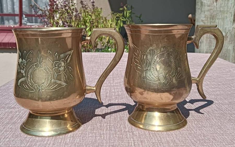 Pair of Solid Brass Tankards or Beer Mugs (350g each) with Floral Engravings