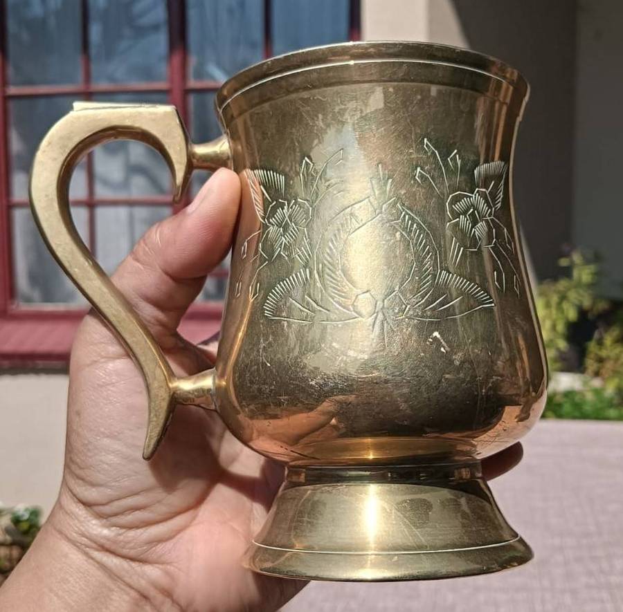 Pair of Solid Brass Tankards or Beer Mugs (350g each) with Floral Engravings
